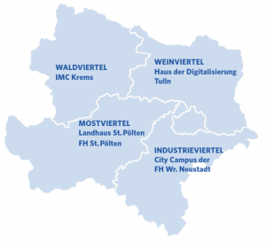 Schulworkshops Standorte: Waldviertel IMC Krems; Weinviertel Haus der Digitalisierung Tulln; Mostviertel Landhaus St. Pölten, FH St. Pölten; Industrieviertel City Campus der FH Wr. Neustadt