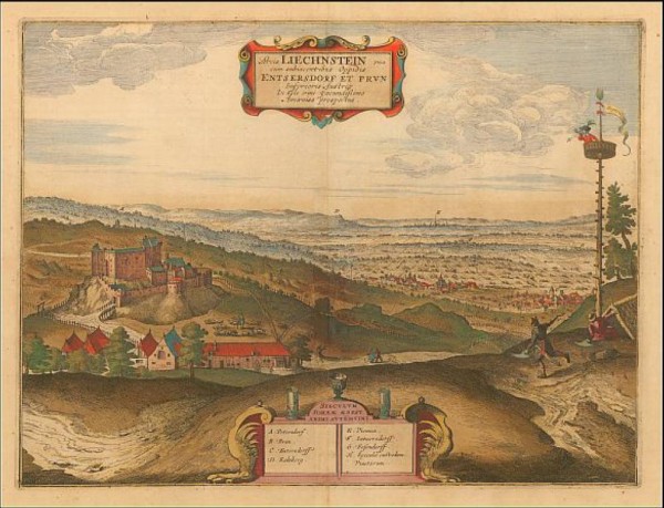 Liechtenstein, Brunn am Gebirge und Maria Enzersdorf, Kolorierter Kupferstich, 1657 