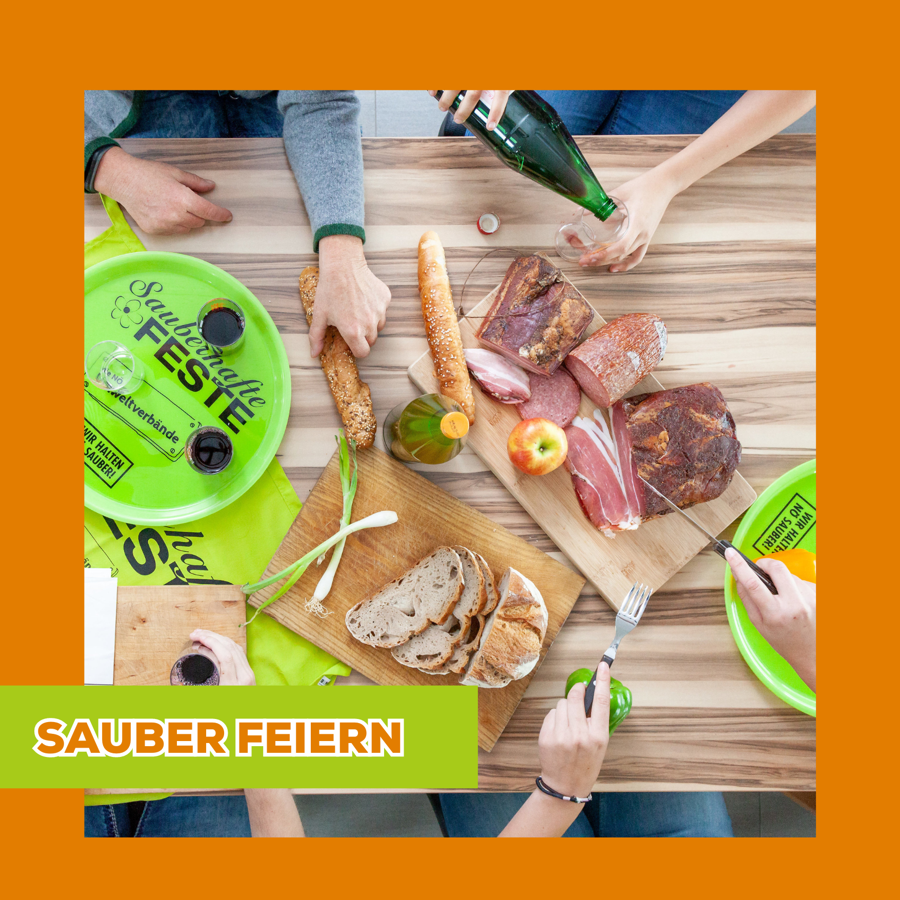 Sujet: Tisch mit Jause; Schriftzug: Sauber feirn