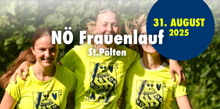 Sujet, Text: NÖ Frauenlauf am 31.08.25; 3 Frauen mit gleichen T-Shirts